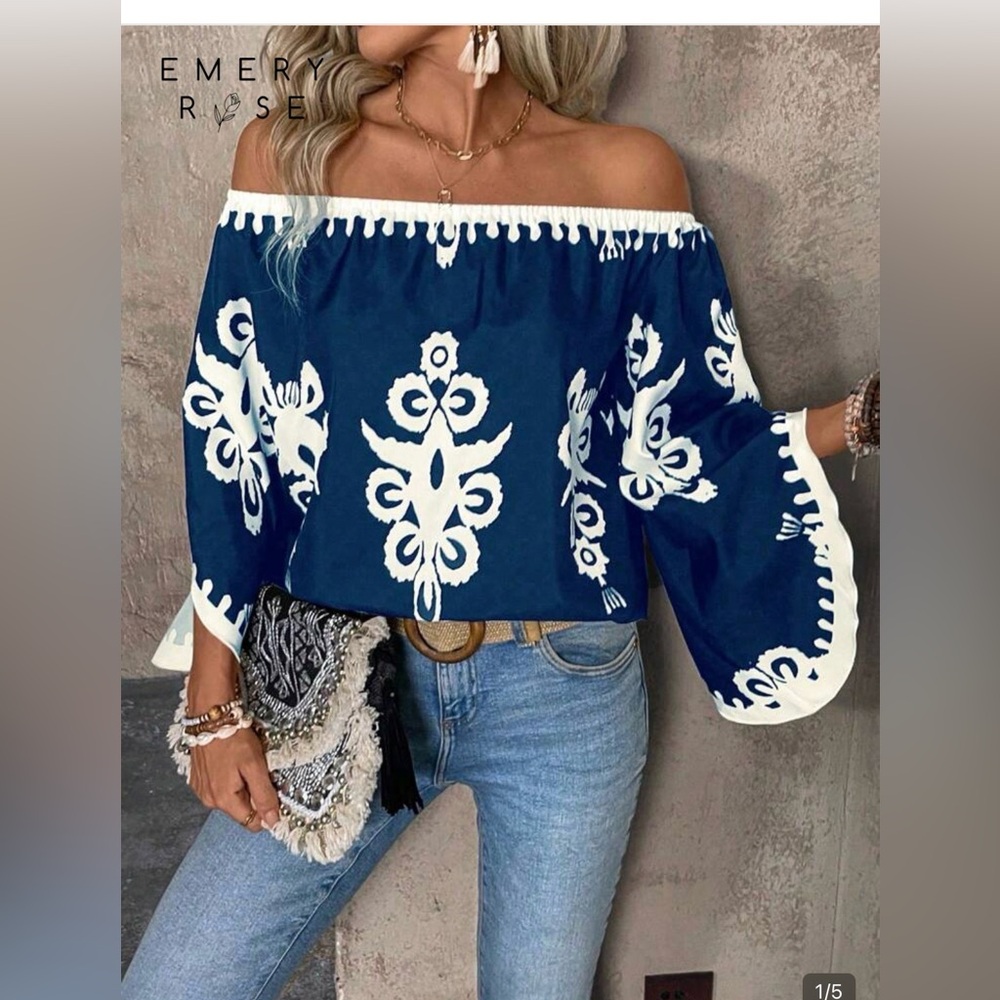 SHEIN Navy and White Floral Blouse